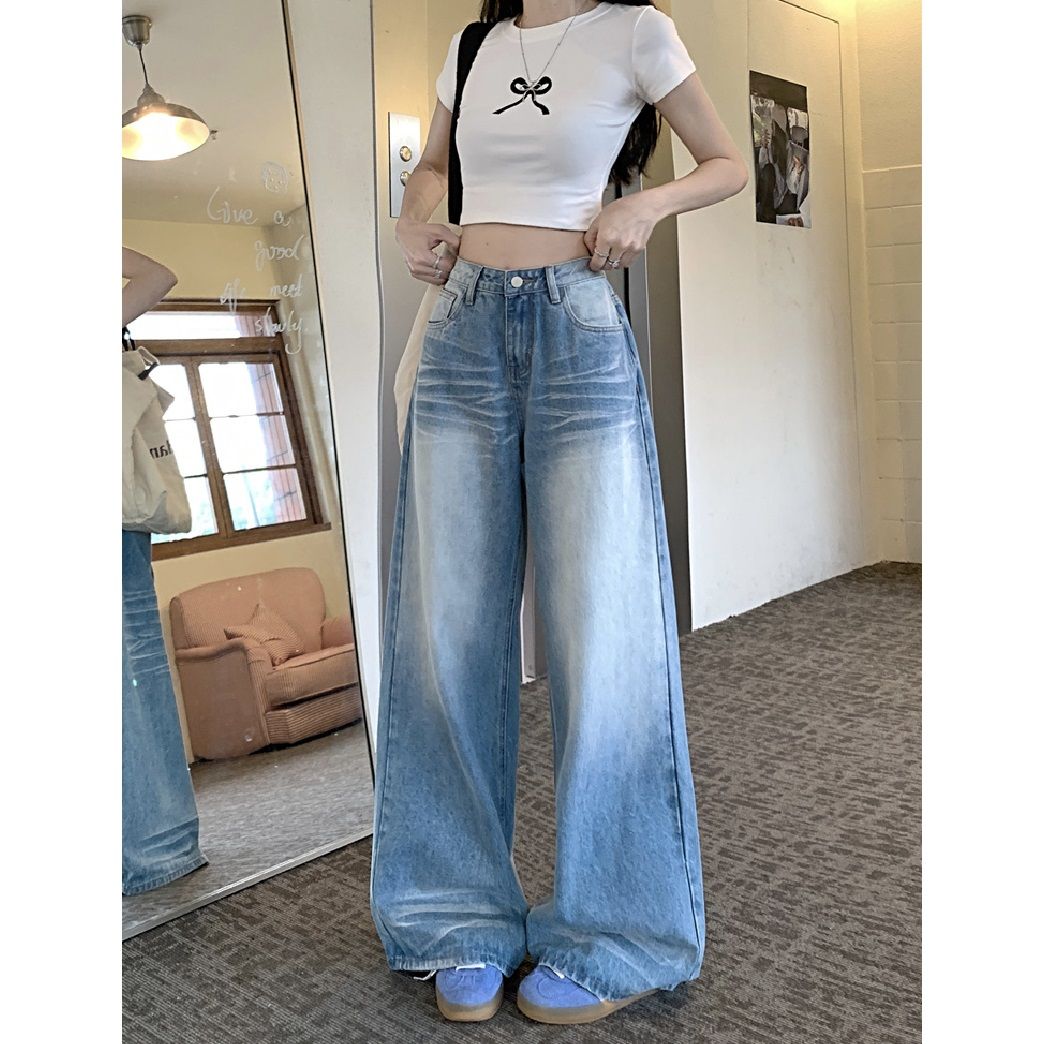 水洗蓝色阔腿牛仔裤女夏季复古高腰直筒裤子百搭宽松休闲拖地长裤
