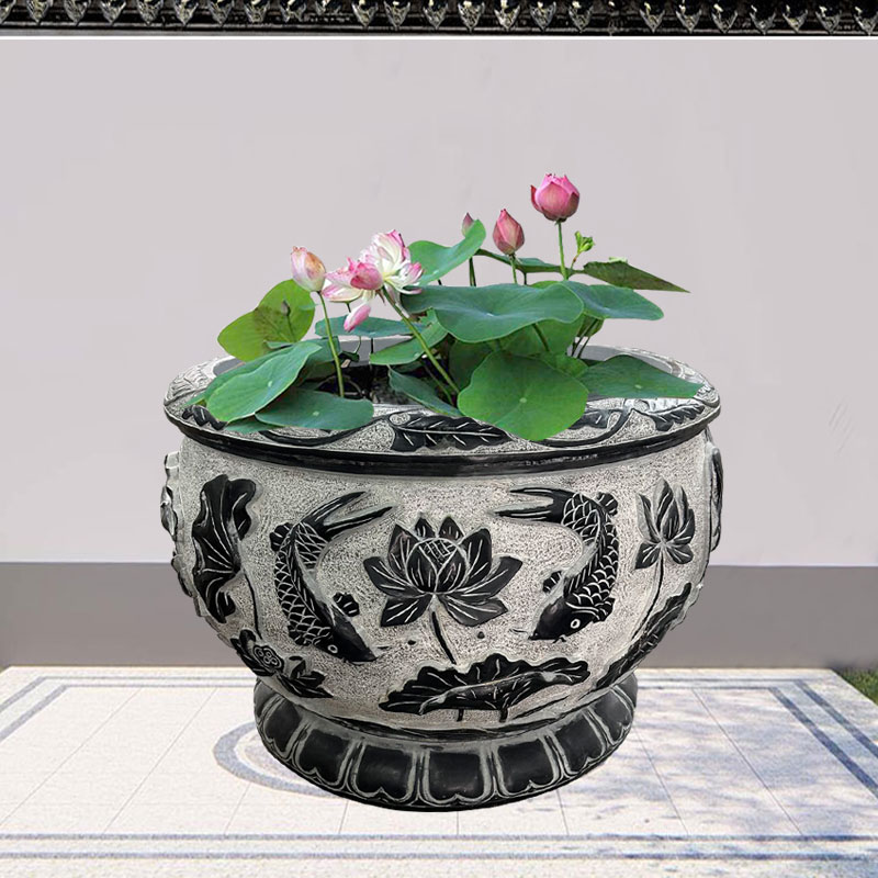 石雕鱼缸花盆天然青石鲤鱼荷花盆仿古庭院门海水缸百福缸家用摆件