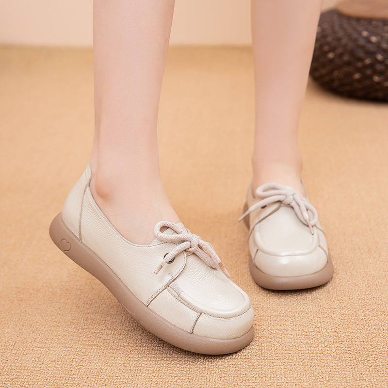 红莲2024春秋新款头层牛皮真皮软底软面圆头孕妇鞋妈妈鞋女单鞋