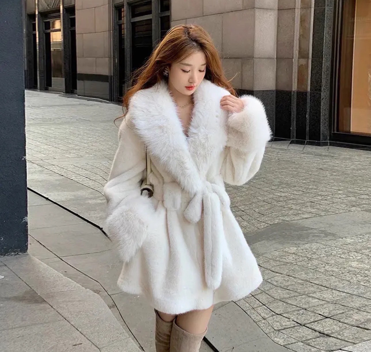 6055冬季新款时尚洋气百搭千金名媛气质腰带显瘦毛毛女士保暖外套