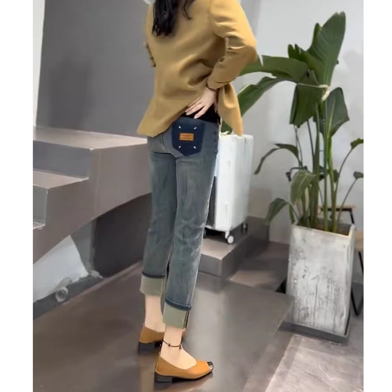 蓝色高腰弹力牛仔裤女2025春秋新款修身显瘦卷边小个子直筒烟管裤