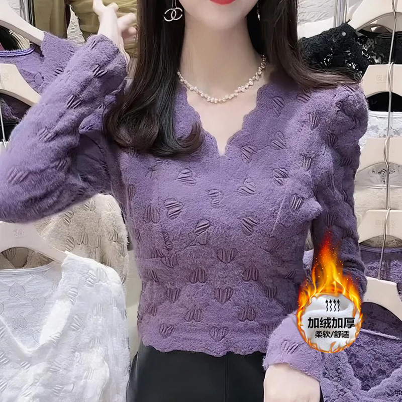 蕾丝打底衫女秋冬季新款韩版磨毛身显瘦网红小衫长袖时尚上衣舒适