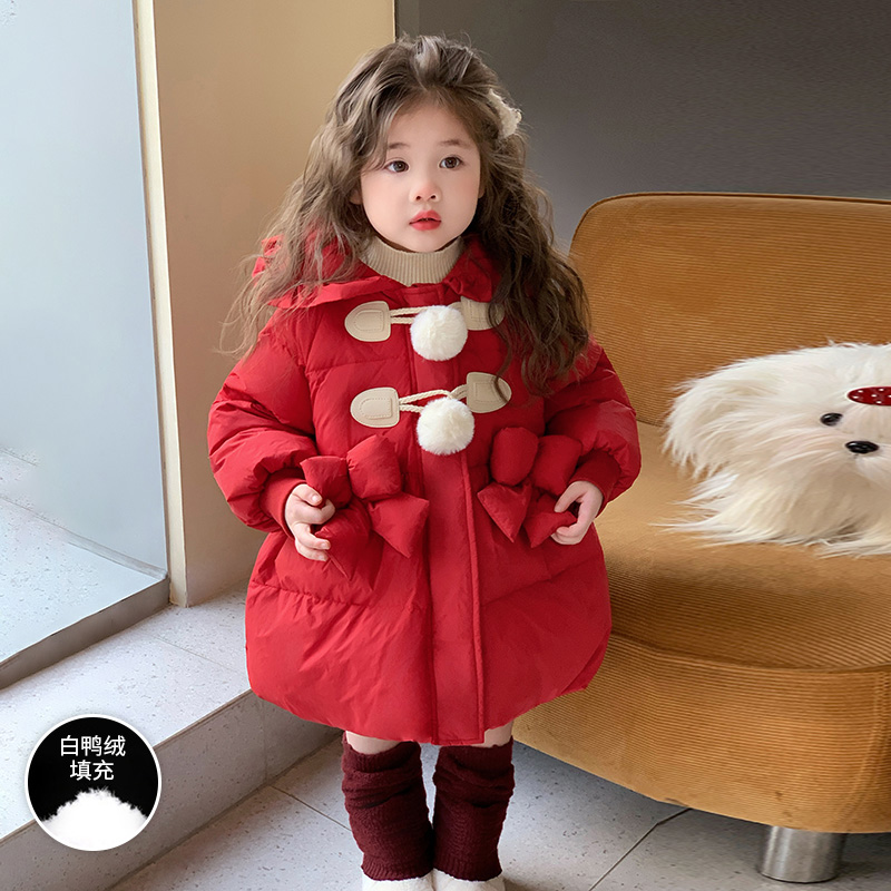女童冬季羽绒服轻薄2025新款洋气儿童冬装宝宝红色白鸭绒外套长款