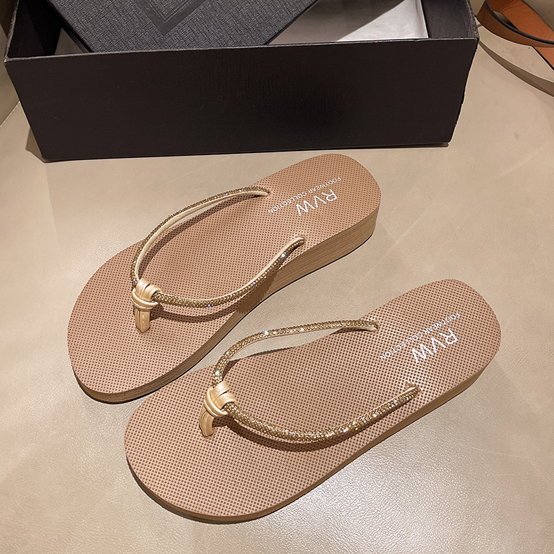 2024新款沙滩鞋拖鞋女夏时尚外穿海边厚底坡跟夹脚凉拖水钻人字拖