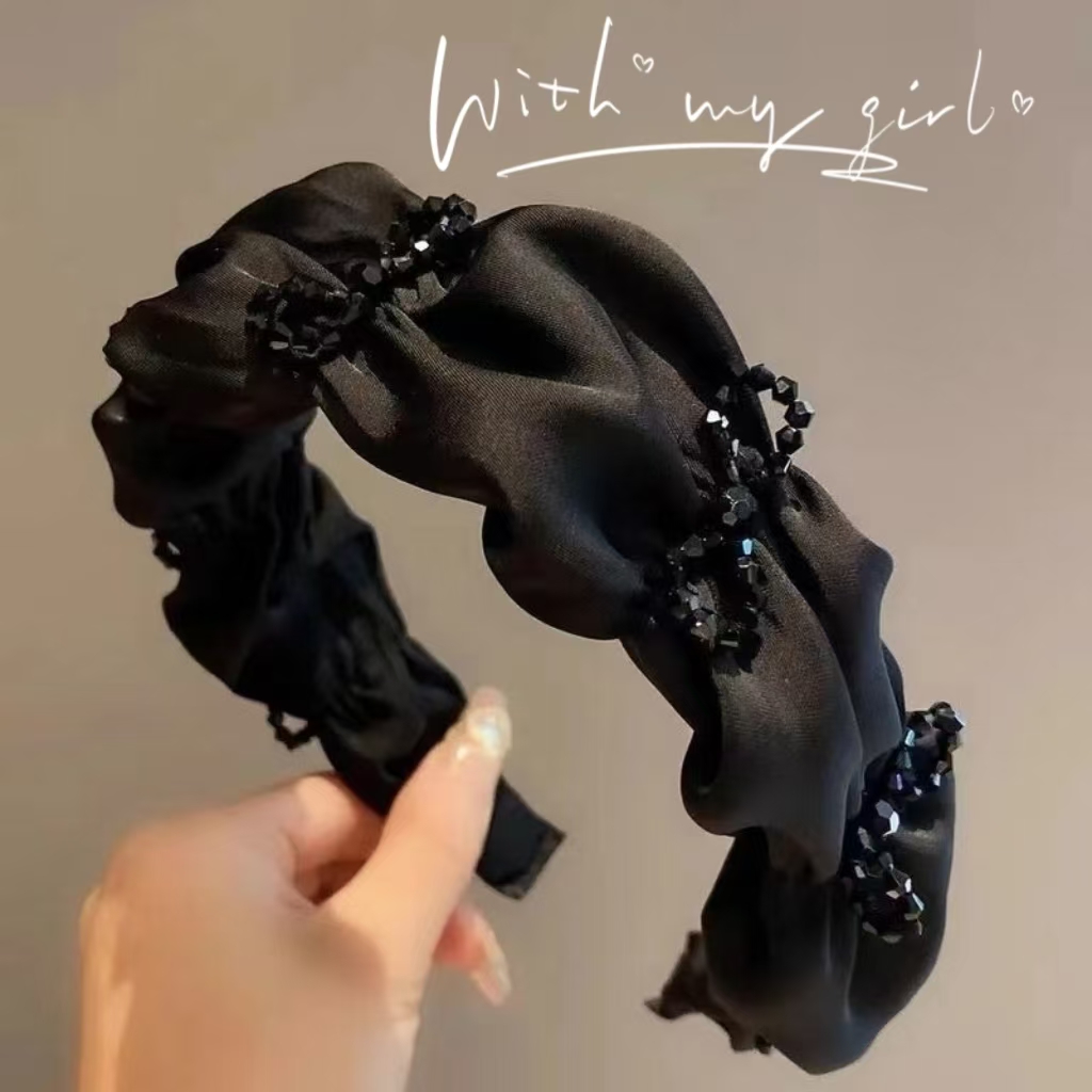 高级感缎面黑色仿水晶花朵结发箍女宽边褶皱高颅顶发卡新款发饰