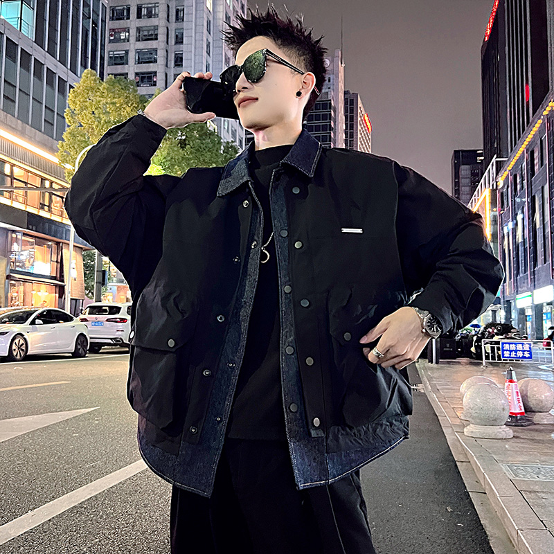 假两件牛仔拼接男士棉衣冬季外套2025新款爆款棉服男装保暖棉袄子