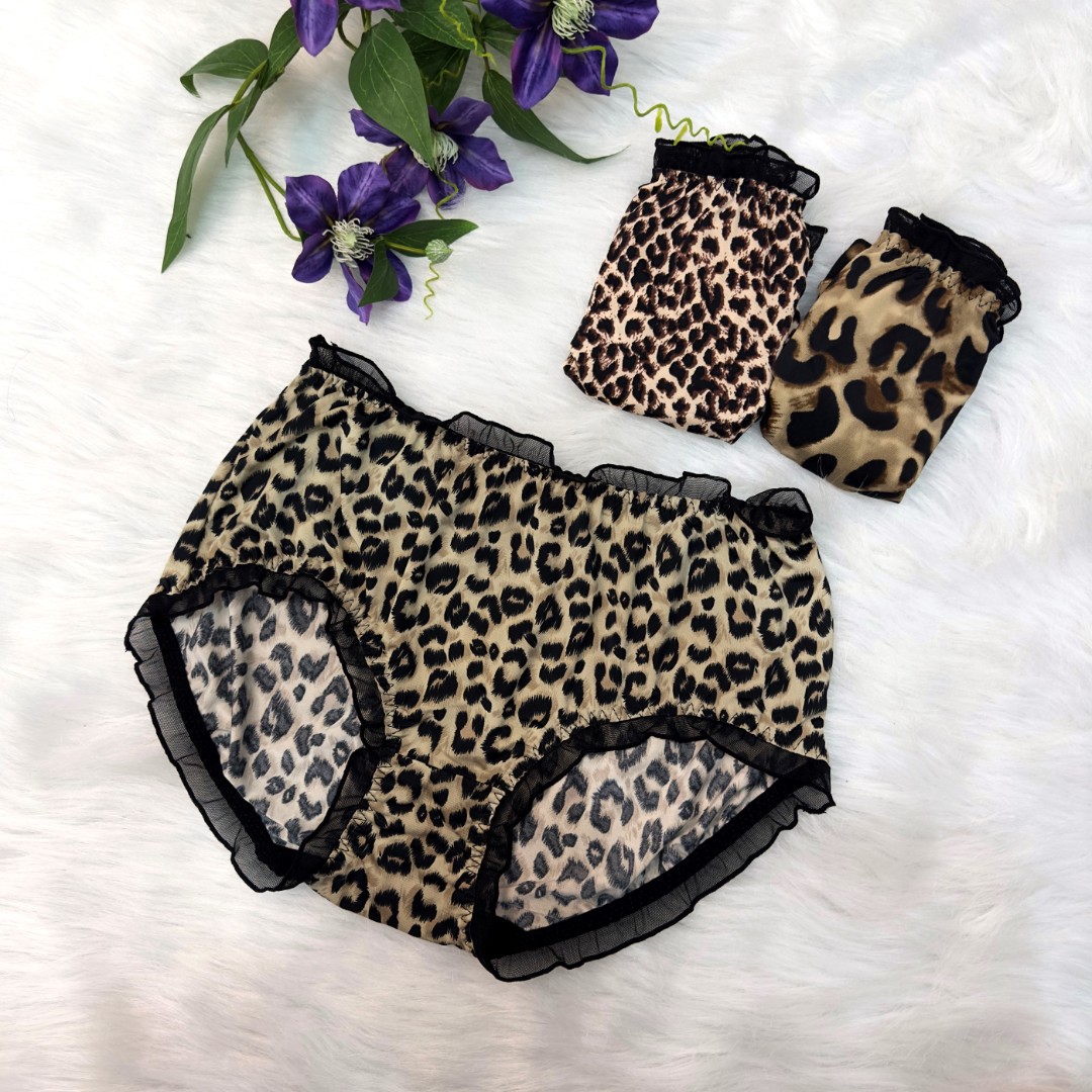 蕾丝中腰冰丝豹纹女士三角内裤大码无痕性感时尚豹纹内裤