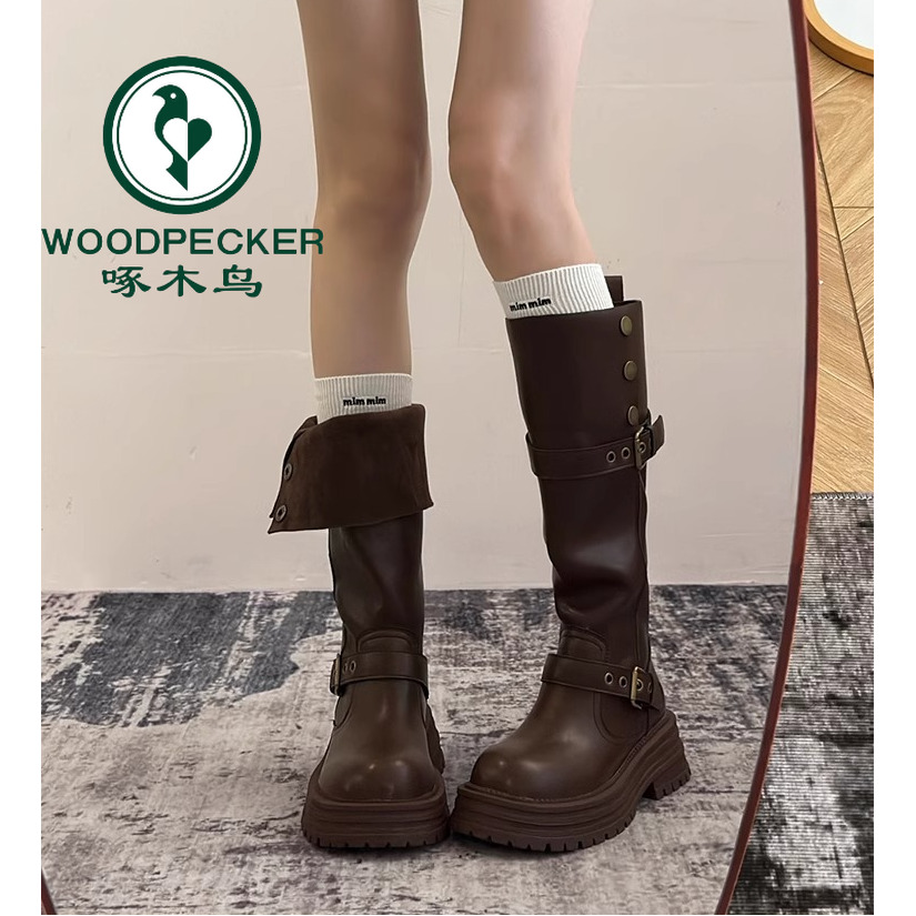 啄木鸟黑色复古粗跟厚底长筒靴女2025秋冬新款长靴高筒显瘦骑士靴