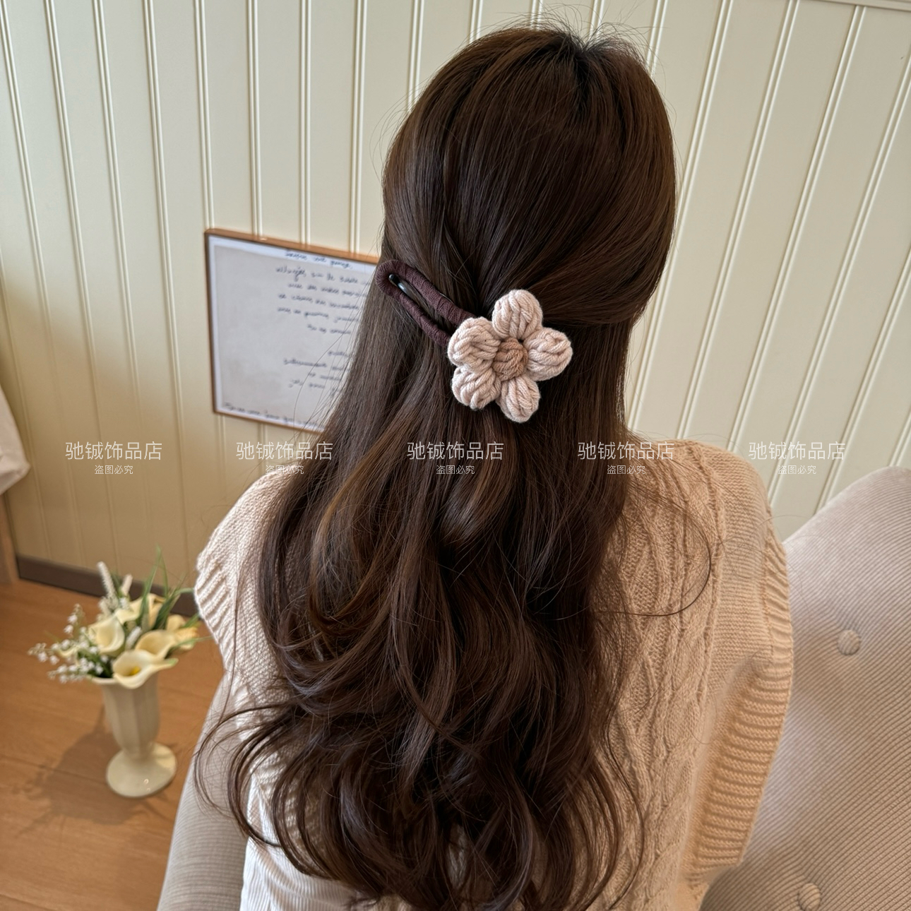 慵懒奶咖～毛线花朵鸭嘴夹秋冬针织花朵发夹温柔气质后脑勺发饰