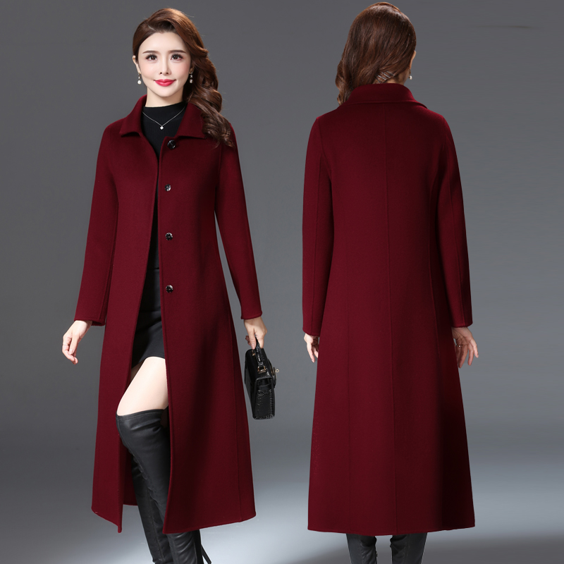 毛呢大衣新款秋冬高端洋气中长款过膝枣红色中年加厚女呢子外套