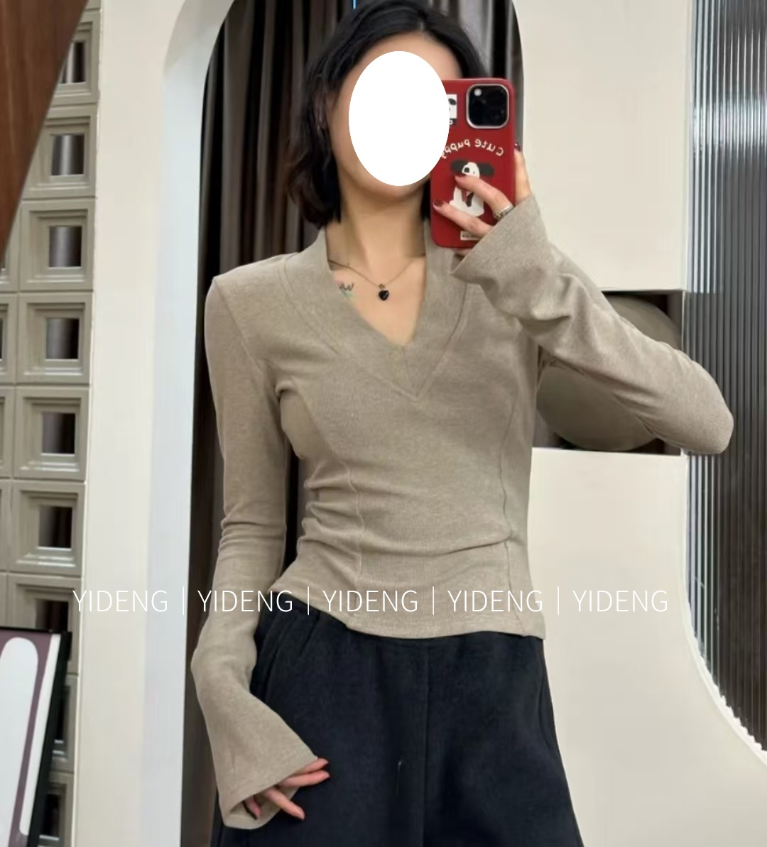 ［v 领鱼骨］加厚双面磨毛螺纹正肩收腰弹力修身百搭长袖打底衫