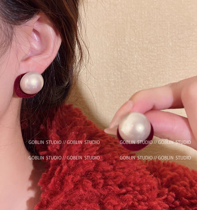 铜合金耳饰 【法式迷人】丝绒珠珠气质酒红复古耳钉 A429