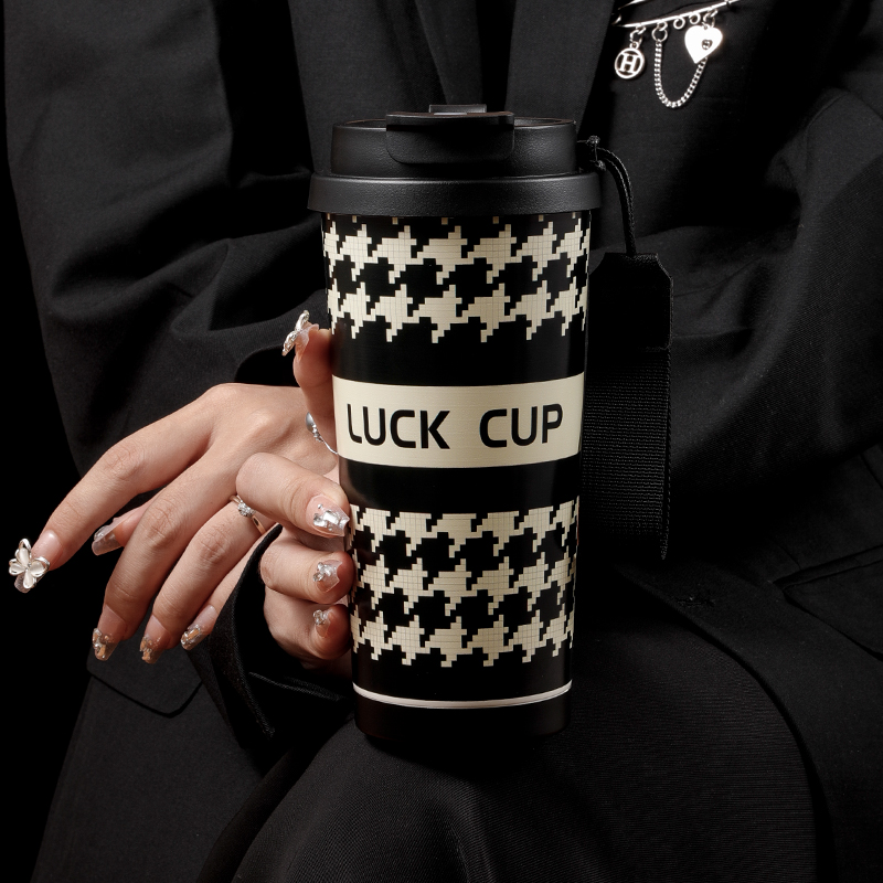 奇古堂千鸟格小香风轻奢高颜值保温杯女生高颜值咖啡吸管喝水杯子