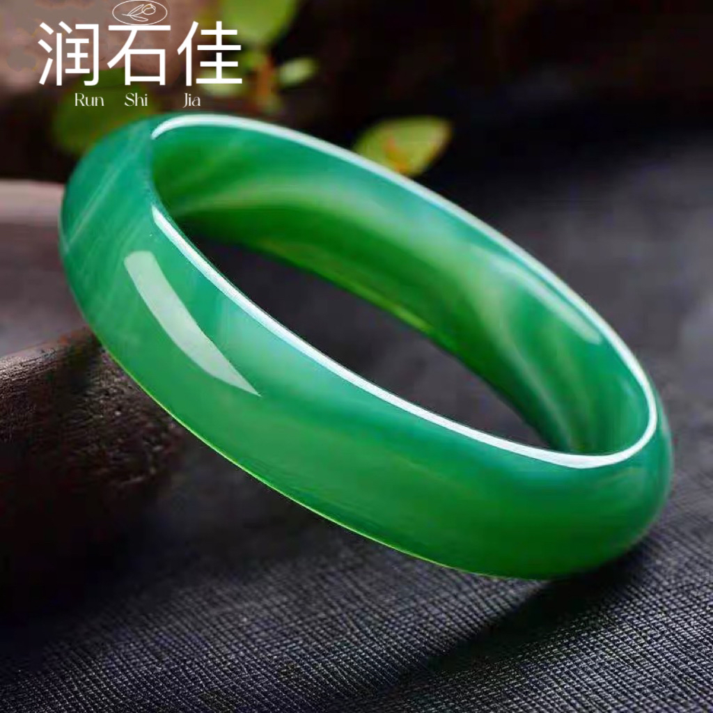 润石佳天然巴西绿色缠丝玛瑙镯子玉髓花纹手镯中宽平安镯玉石保真