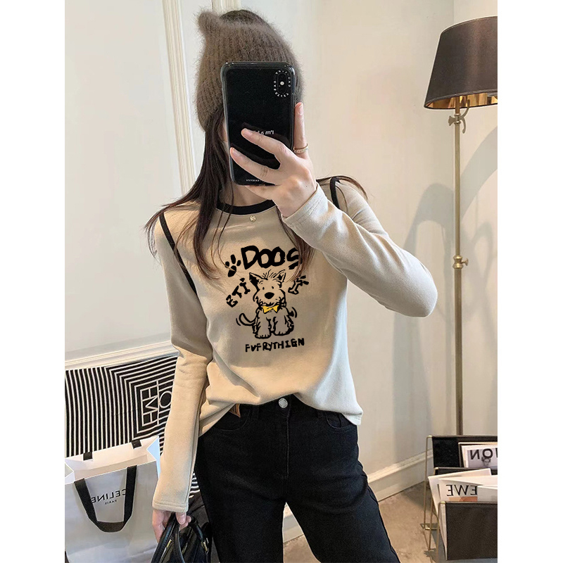 纯欲风辣妹修身显瘦长袖T恤女士秋冬撞色圆领德绒加厚保暖打底衫