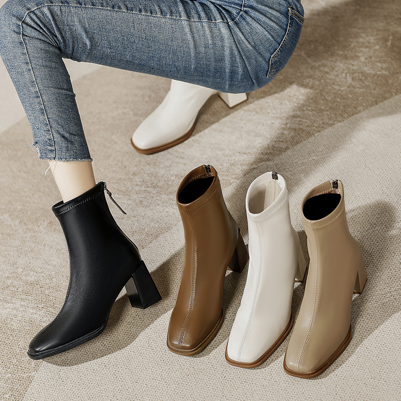34-40码4.7-7厘米复古方头新款瘦瘦靴气质粗跟百搭短筒靴子女士靴