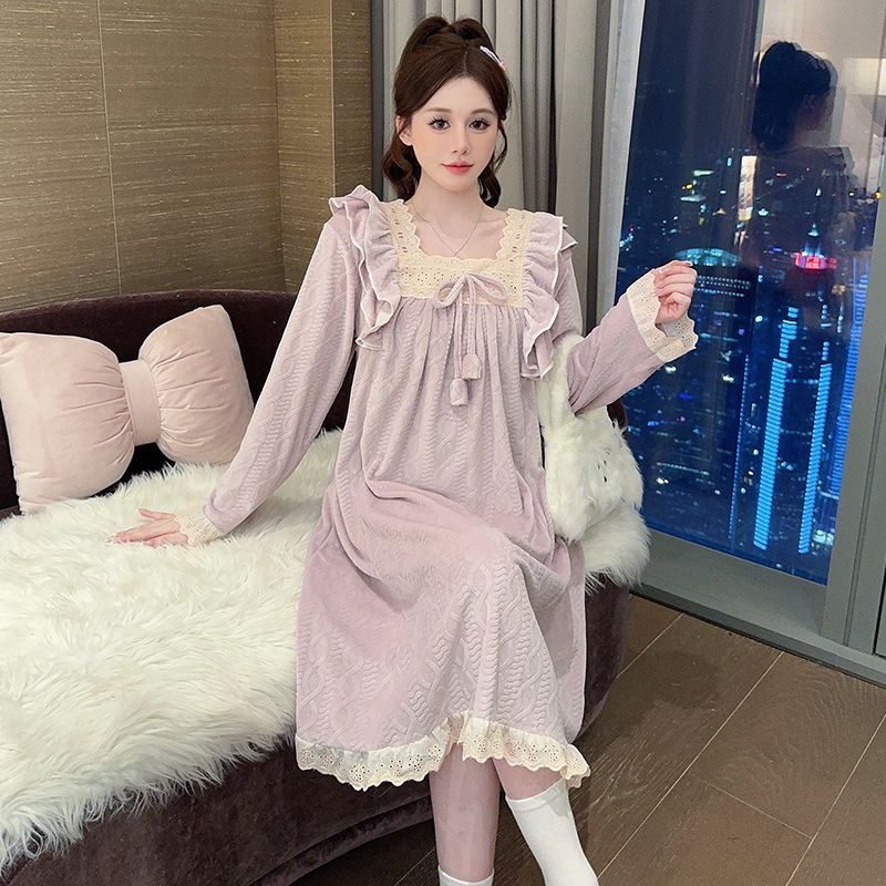 大码睡衣女秋冬季新款海岛绒长袖提花睡裙宽松可外穿家居服连衣裙