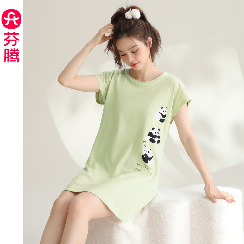 芬腾女士夏季薄款纯棉短袖连衣裙透气可爱休闲大码全棉家居服中裙