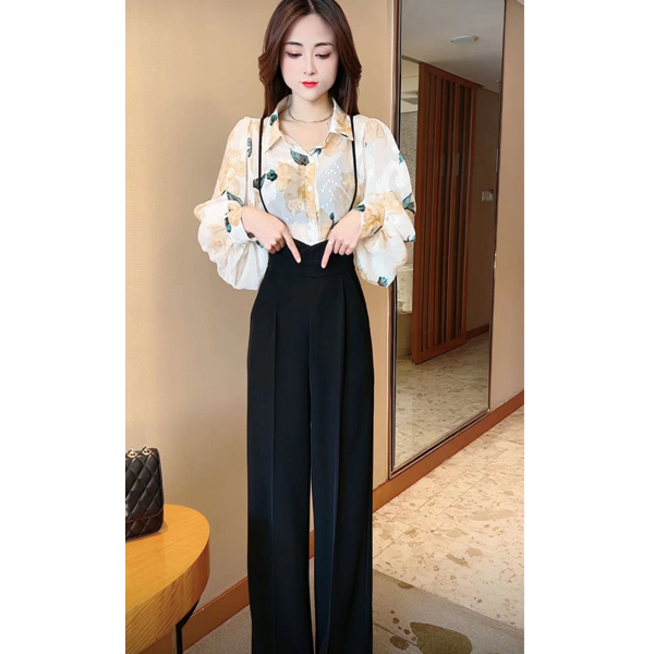 衬衫雪纺阔腿裤套装女夏季新款垂感显瘦高级感时尚背带休闲长裤