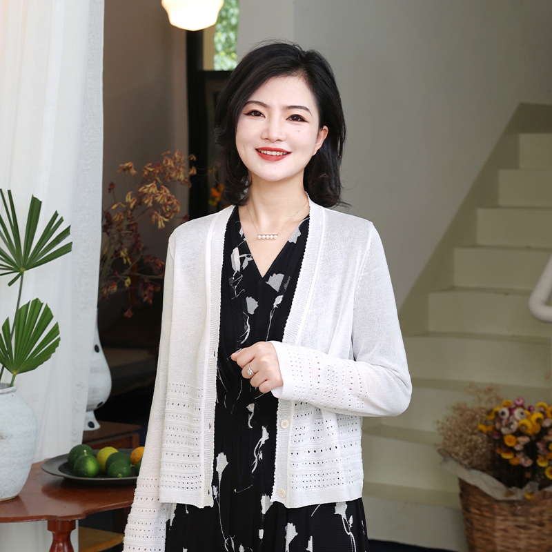 枫竺阿楠anan 微风午后 纯色挑孔镂空气质长袖v领开衫针织衫女夏