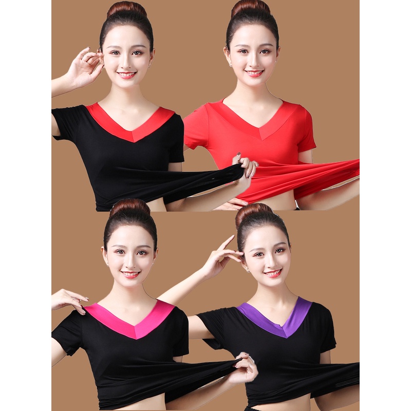 中老年广场舞服装女V领上衣新款莫代尔T恤跳舞衣服舞蹈短袖练功服