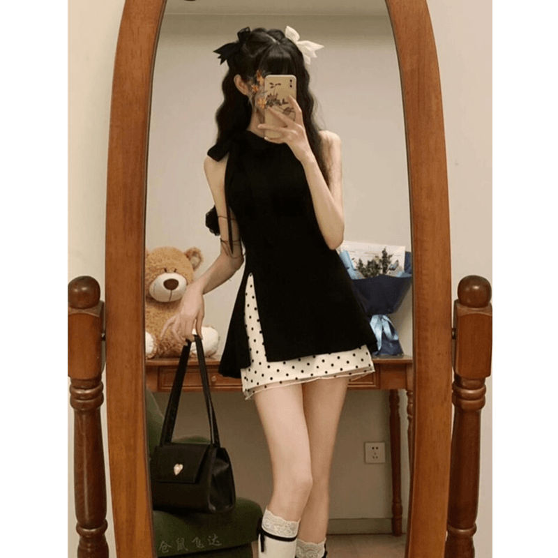 黑色修身开叉背心女夏2025新款设计感小众蝴蝶结无袖针织挂脖上衣