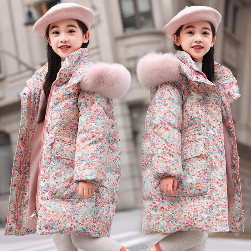 童装清仓巴拉中长款儿童羽绒服女童2025新款洋气碎花加厚保暖外套
