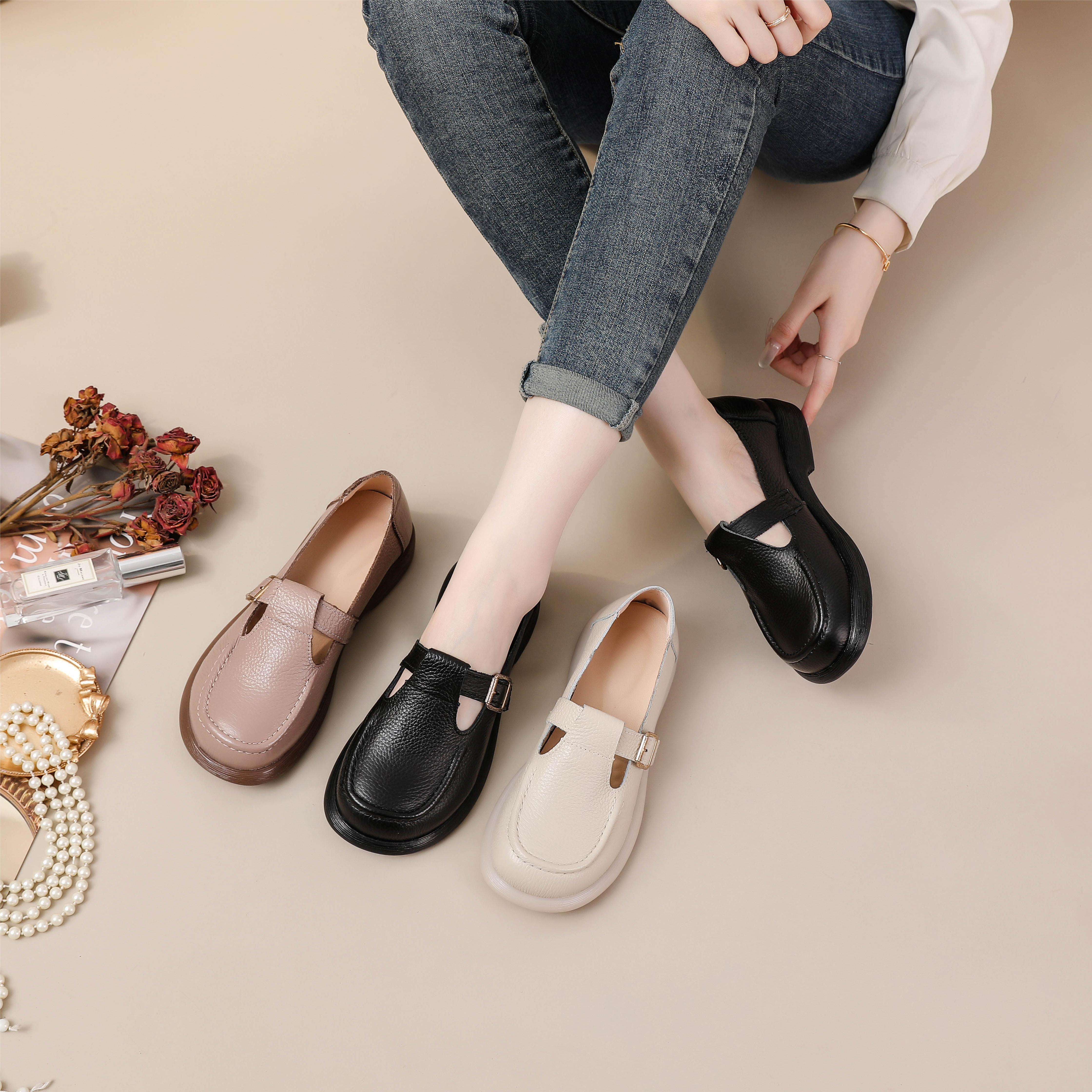 新款乐福鞋头层牛皮英伦风百搭软底平底时尚休闲舒适复古妈妈鞋