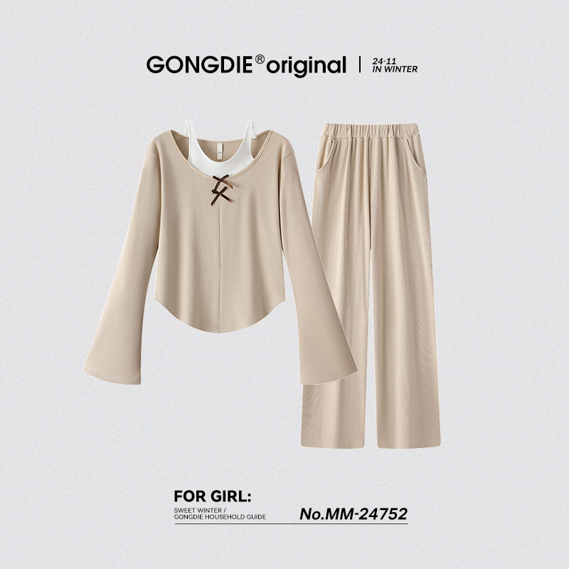 宫蝶【礼盒装】睡衣女长袖拼接假两件蝴蝶结套装可外穿秋冬家居服