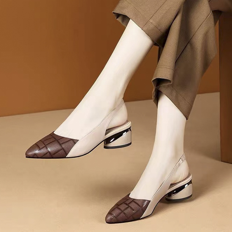 2025年新款时装凉鞋女夏季拼色中跟粗跟女鞋软皮后空包头鞋子气质