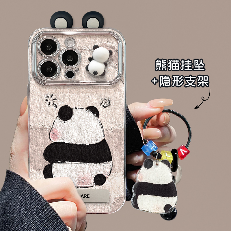 适用苹果15华为vivo小米oppo熊猫耳朵公仔电镀大视窗支架手机壳