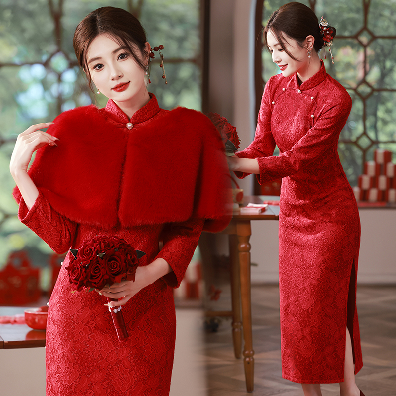 喜婆婆喜妈妈婚宴装旗袍加绒加厚两件套优雅敬酒服礼服老结婚礼服