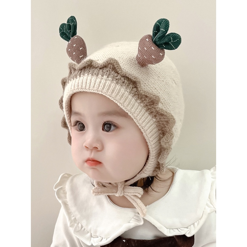 婴儿帽子秋冬季套头帽婴幼儿护耳帽女宝宝公主花边可爱超萌毛线帽