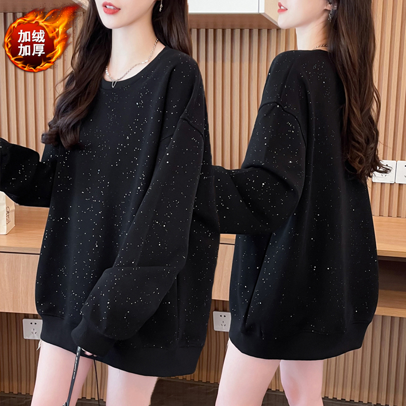 大码女装胖mm亮片加绒卫衣女秋冬新款韩版宽松百搭满天星洋气上衣