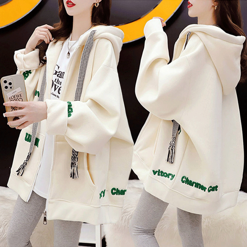 刺绣字母拉链加绒卫衣女秋冬新款韩版宽松百搭大码慵懒风开衫外套