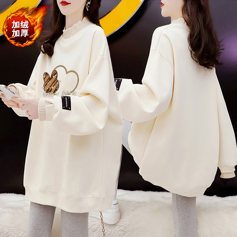 大码女装假两件加绒加厚卫衣女秋冬新款韩版宽松百搭设计感上衣潮