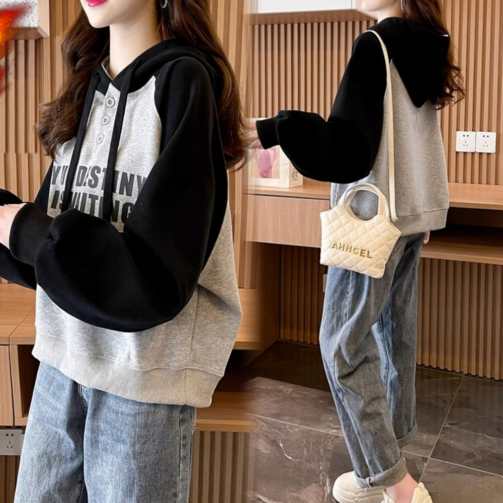 拼色连帽小个子薄款卫衣女春秋新款韩版宽松百搭短款洋气学生上衣