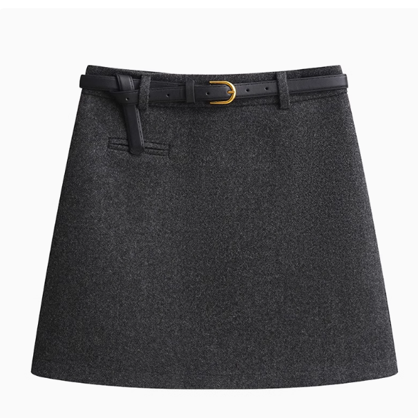 灰色毛呢a字半身裙女2024秋冬季新款小个子加厚高腰包臀裙短裙子