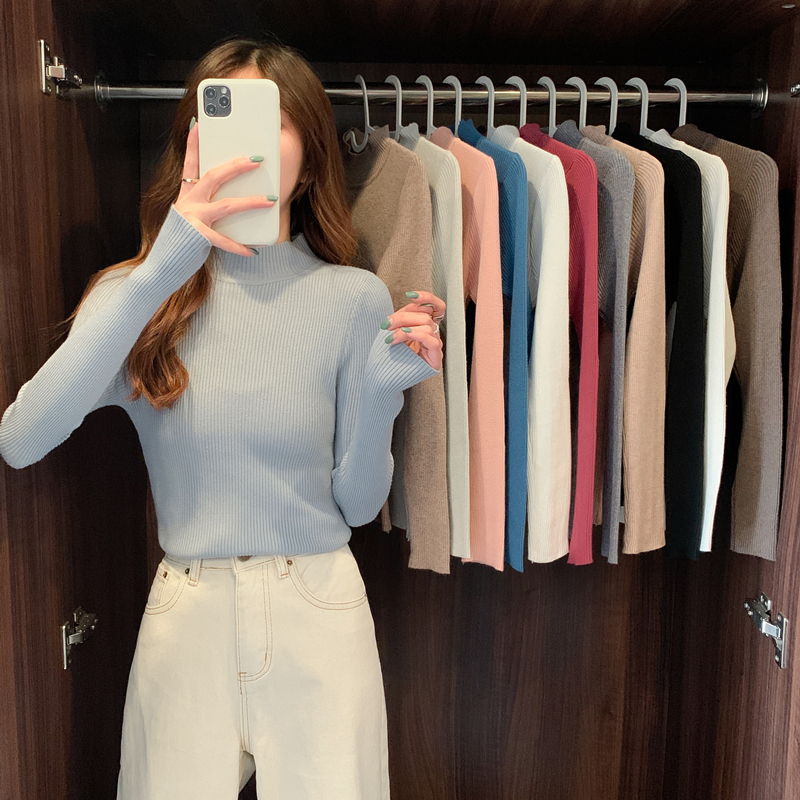 秋冬针织衫内搭毛衣女新款洋气显瘦修身紧身打底针织衫上衣纯色