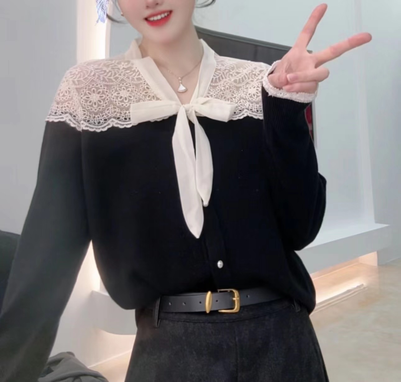 E'VAN【锦绣】全羊毛刺绣蕾丝蝴蝶结针织衫女气质百搭镂空洋气毛衣