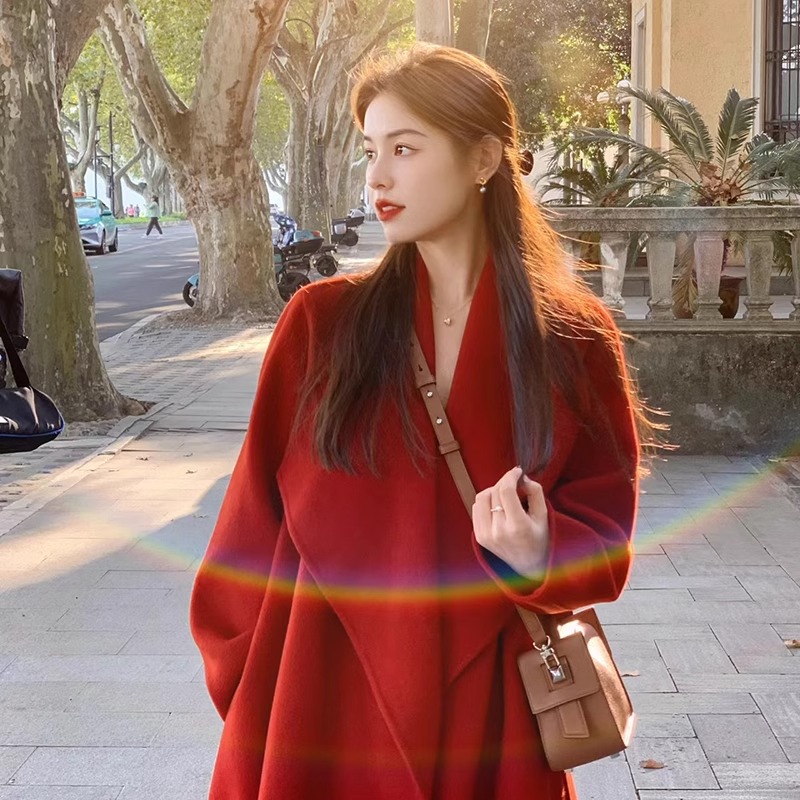 过年酒红色中长款直筒型毛呢外套外套大衣秋冬慵懒风百搭冬季呢子