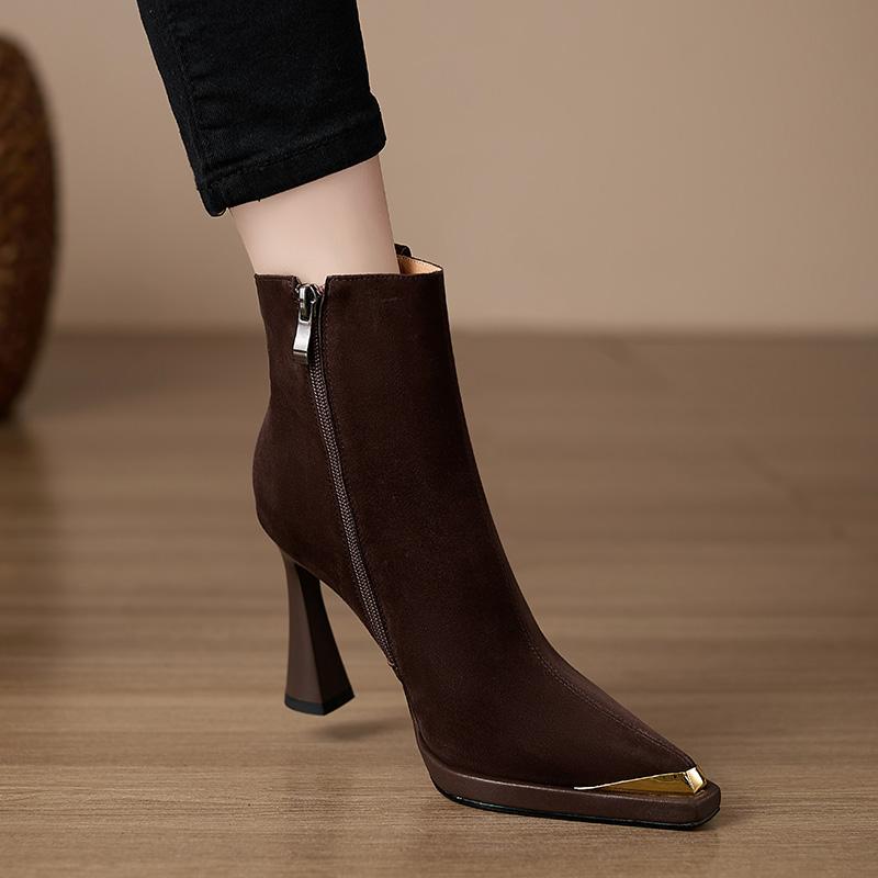 修悦手工靴9.2cm小个子法式英伦风时装靴金属铁头切尔西短靴加绒