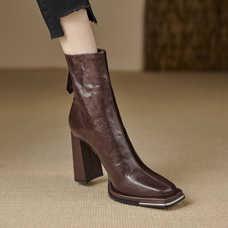 复古10CM新款方头舒适粗跟高跟瘦瘦靴雅丹防水台后加绒马丁靴女款