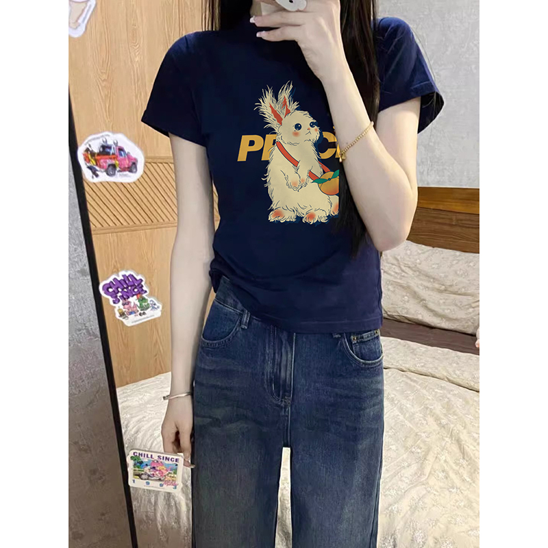 卡通印花短袖t恤女款爆款2025新款洋气大码修身弹力显瘦正肩上衣