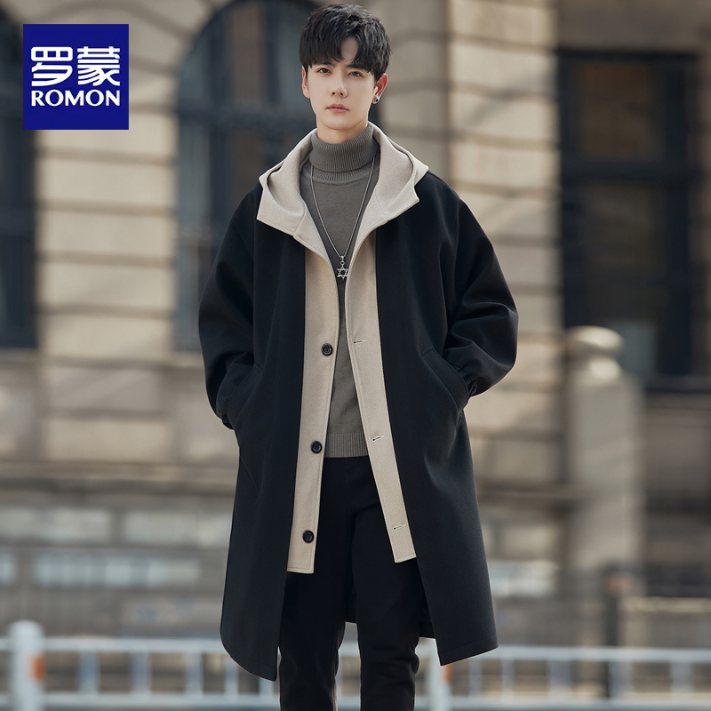罗蒙黑色拼接风衣2025新款秋冬中长款假两件高质量毛呢时尚大衣男