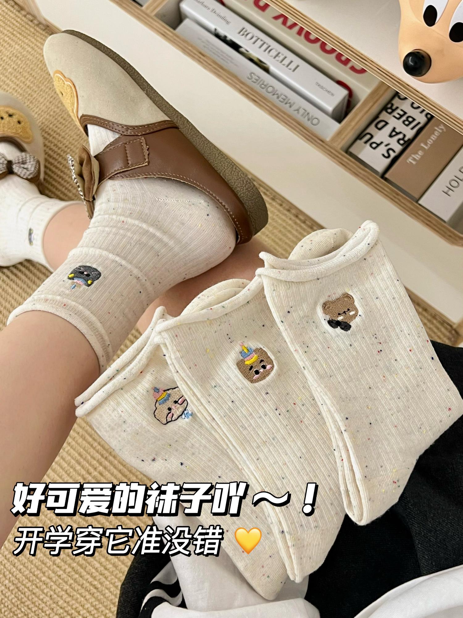 刺绣点子纱卡通可爱袜子女中筒春秋季堆堆袜ins潮日系少女生棉袜