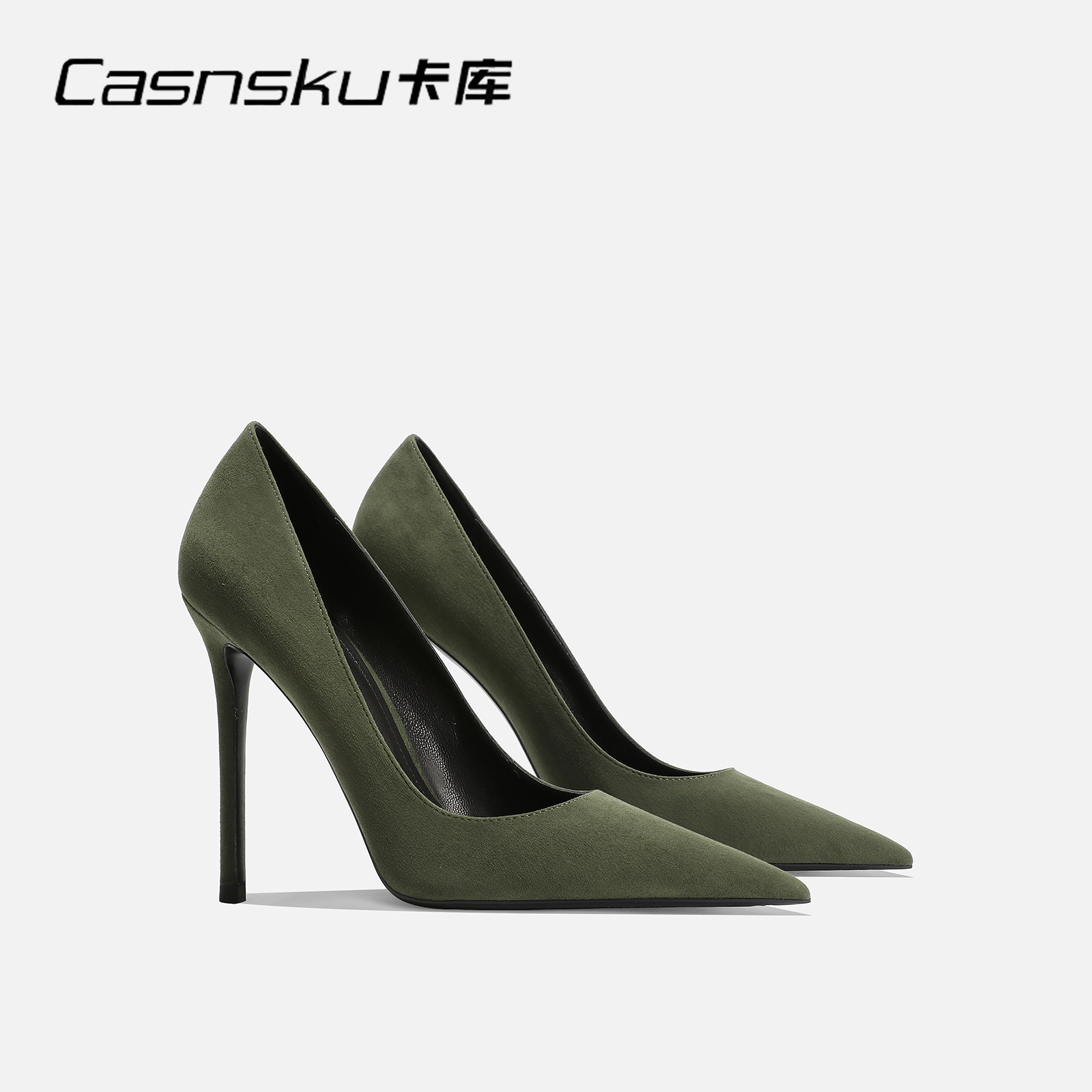 CASNSKU卡库墨绿色绒面高跟鞋小众设计高级感浅口细跟复古配旗袍