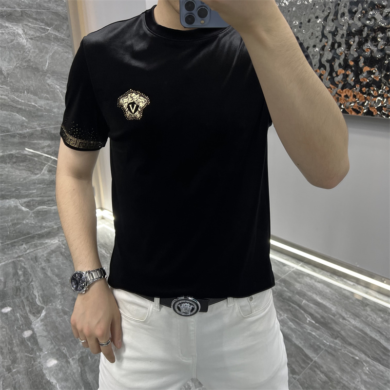 男士短袖T恤秋冬新款高档金丝绒圆领半袖时尚休闲百搭修身打底衫