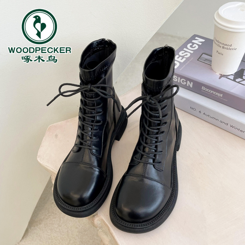 啄木鸟马丁靴女2025秋冬新款英伦风百搭短靴厚底机车单靴圆头女靴