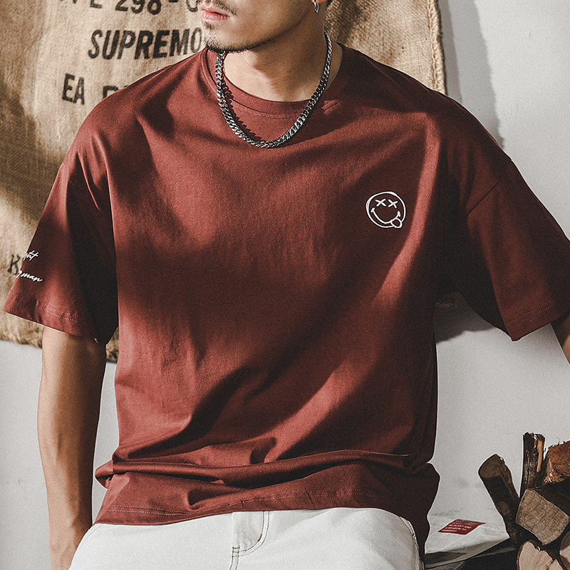 JayLeno美式笑脸短袖t恤男宽松加大码体恤简约设计高级感纯棉上衣